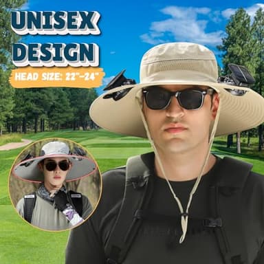 Outdoor Wide Brim Sun Hat with 2 Solar Fan Sun Bucket Hat for Men Women UPF 50+ Bucket Fishing & Beach Hat with Fan Built in (US, Alpha, Medium, XX-Large, A Khaki) - Image 2