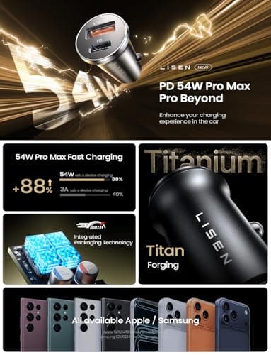 LISEN for iPhone 17 Super Fast Car Charger USB C [Alloy] 2 Pack 54W Type C Car Charger Fast Charging Cigarette Lighter Adapter for iPhone Air 17 16 15 Pro Max Plus,Samsung Galaxy S25/S24,Android - Image 3