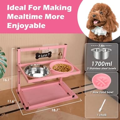 SHAINFUN Pink Elevated Dog Bowl Stand with Two 1700ml Stainless Steel Food Bowls, Slow Feeder and Spill Proof Mat, Adjustable Feeder for Large, Medium and Small Dogs - Image 3