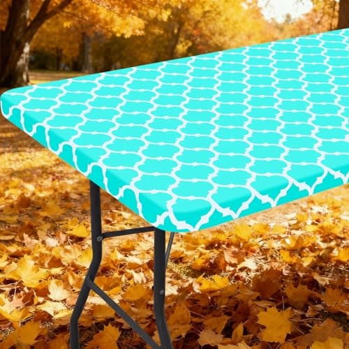 Smiry Rectangle Picnic Table Cover, Waterproof Elastic Fitted Camping Tablecloths for 4 Foot Tables, Wipeable Flannel Backed Vinyl Tablecloth Protector for Indoor, Outdoor (Teal, 24x48 Inches) - Image 1