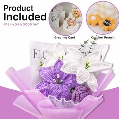 Wrapped Crochet Flowers Bouquet with Crochet Flowers of Lily & Rose for Home Decorations, Graduation Gifts, Anniversary Gifts, Get Well Gifts, Gift for Women Mom - Image 3