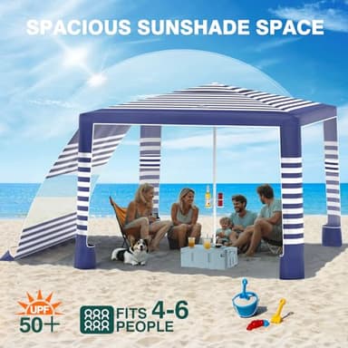 Rhino Valley Beach Cabana, 8 * 8FT Beach Tent UPF50+ Protection, Easy Setup Beach Canopy Wind Resistant with Cup Holder, Compact Beach Shade Foldable Beach Tent Sun Shelter, Blue & White Stripes - Image 3