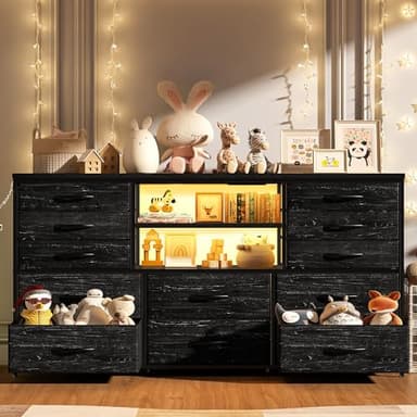 EnHomee Black Dresser with LED Lights & Power Outlets, 12 Drawers Dresser TV Stand for 60'' TV Stand for Bedroom Fabric Dressers & Chest of Drawers, Sturdy Metal Frame, Living Room,Hallway - Image 8