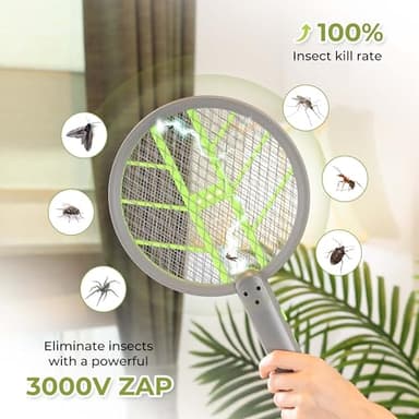 Aspectek 3000V Electric Fly Swatter for Indoor and Outdoor Use, Portable, Rechargeable Bug Zapper Racket with Improved Battery Life, USB Charging Cable, Wall Bracket, White -Green - Image 3