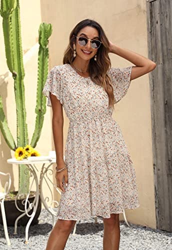 Manydress Women's Chiffon Floral Casual Summer Boho Flutter Sleeve Flowy Skater Western Dress MY112 (Beige Print, M) - Image 7