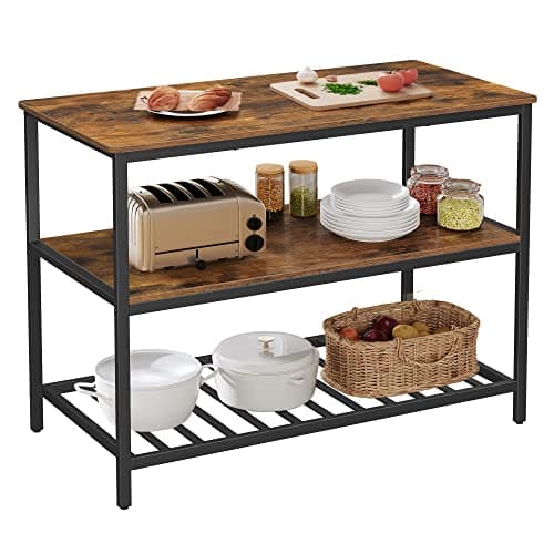 VASAGLE Kitchen Island with 3 Shelves, 47.2 Inches Width Kitchen Shelf with Large Worktop, Stable Steel Structure, Industrial, Easy to Assemble, Rustic Brown and Black UKKI01BX - Image 1