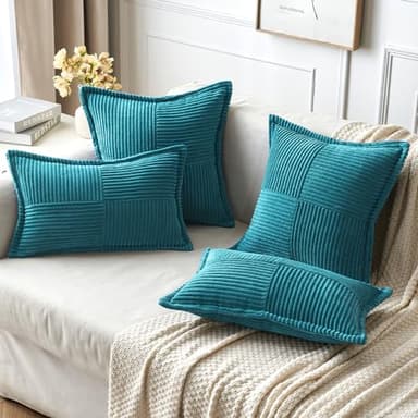 MIULEE Decorative Throw Pillow Covers for Couch Bed Livingroom 20x20 Inch Set of 2 Teal Blue Boho Accent Throw Pllows Broadside Striped Patchwork Soft Corduroy Summer Coastal Pillowcases - Image 4