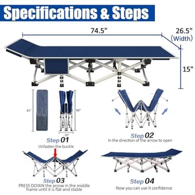 GETOVIN Cot Camping Cot with Thick Pad Cots for Sleeping Camping Bed Folding Cot 450LBS(Max Load) Comfortable Double Layer Oxford Heavy Duty with Carry Bag for Home Outdoor Travel - Image 3