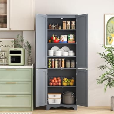 Function Home Tall Pantry Cabinet, Freestanding Storage Cabinet, Wooden Kitchen Pantry with 4 Doors and 5 Shelves, 72" Floor Cabinet Organizer for Kitchen Living Room Bathroom, Grey - Image 4