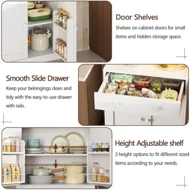 Korfile 71" Tall Kitchen Pantry Storage Cabinet with Power Outlet & LED Light, Freestanding Food Pantry Cabinet with 4 Doors and Shelves, Cupboard with Drawer, Hutch with Microwave Stand, White - Image 7