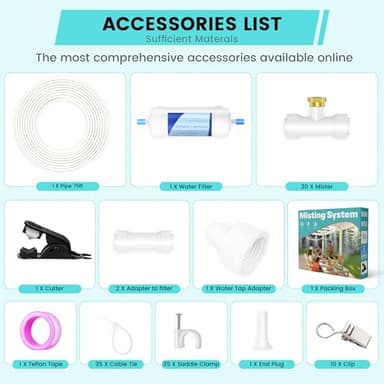 Outdoor Misting Cooling System with Advanced Filtration, 75FT White PE Line, 30 Nozzles & Water Tap Adapter, Ideal for Patios, Gardens, and Greenhouses - Image 7
