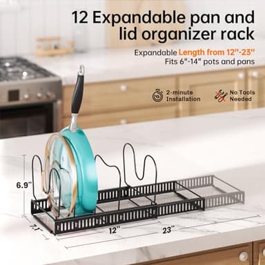 MUDEELA Expandable Pots and Pans Organizer Rack under Cabinet, Pots Lid Organizer Rack for Kitchen Cabinet Organizers and Storage with 12 Adjustable Dividers Cutting Board Holder & Anti-Scratch Strips - Image 2