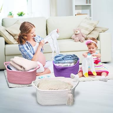 Poschnor Baby Gift Basket with Gift Bags and Ribbons, 12x 8x 5 Inch Basket for Baby and Pet Toys, Small Cotton Rope Basket - Pink - Image 4