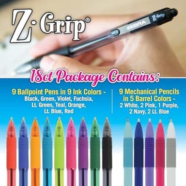 Zebra Pen Z-Grip Retractable Ballpoint Pen and Mechanical Pencil Set, Medium Point, #2 HB Lead Pencils, Assorted Ink Colors, School Supplies, Teacher Supplies, and Office Supplies, 18-Pack (23618) - Image 2