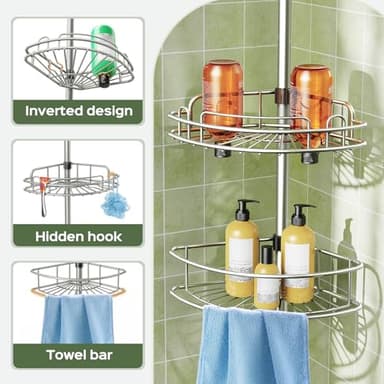 HAMITOR Corner Shower Caddy Tension Pole: 4-Tier Rust-Resistant Adjustable Bathroom Organizer Shelves - 47-121 Inch No-Drill Quick Installation - Space-Saving Storage for Renters Family - Silver Gray - Image 5