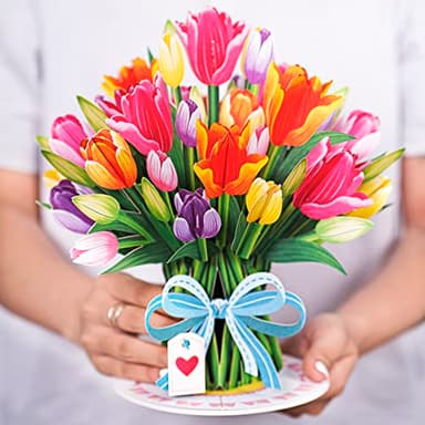 Paper Love HugePop Tulips Flower Bouquet 3D Pop Up Card, With Detachable Paper Bouquet, Gift for Birthday, Wedding, Thank You, All Occasions - Jumbo 10" x 14" Cards - Includes Envelope and Note Tag - Image 2
