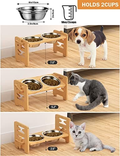 Vantic Elevated Dog Bowls, Adjustable Raised Dog Bowl Stand for Small Puppy and Cats, Sturdy Bamboo Pet Food Feeder with 2 Stainless Steel Dishes, Natural - Image 2
