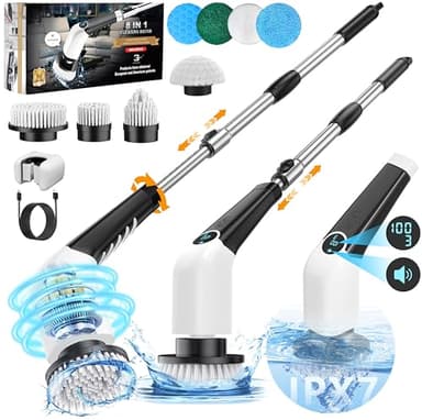 Bathroom Scrubber Electric Electric Spin Scrubber with 8-in-1 Replaceable Brush Heads Electric Brush Cleaner for Bathroom with Power LCD Display, 3 Adjustable Speed - Image 1