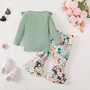 Kislio Toddler Baby Girl Clothes Long Sleeve Ruffle Ribbed Solid Tops Flare Pants Bell Bottoms Fall Winter Outfit Set - Image 3