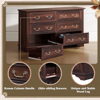 WLIVE Wood Dresser for Bedroom with 6 Drawer, 51.97'' Wide, Farmhouse Long Storage Dresser Organizer with Roman Metal Handle, TV Stand for 60 inch TV, Chest of Drawers for Living Room, Hallway, Brown - Image 6