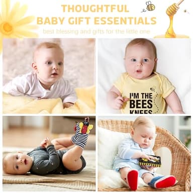 iAOVUEBY Baby Gift Set for Newborn, Bee Basket, High Contrast Baby Book Toys 0-6 Months Infant Rattle Socks Blanket Hat Onesie Baby Gifts Essentials for Girls Boys - Image 6