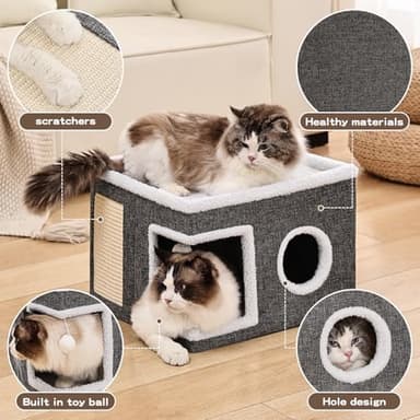 Crispedia Cat Beds for Indoor Cats, Large Cat Cave with Fluffy Ball and Scratch Pad, Foldable Cat Scratch House with Hideaway Condo for Kitten,16x16x13inch,Grey - Image 2
