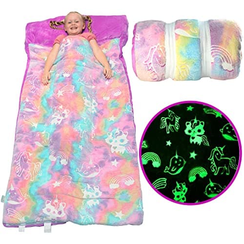 Kids Sleeping Bag with Pillow Pocket - Rainbow Glow In The Dark Boys and Girls Sleeping Bag for Kids - Large & Soft Toddler Sleeping Bags for Girls and Boy, Plush Toddler Nap Mat Gifts for Sleep Overs - Image 1