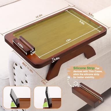 SINWANT Couch Arm Tray, Bamboo Couch Arm Table with 360° Rotating Phone Holder,Sofa Armrest Tray for Eating,Drinks,Snacks, Remote Control - Image 2