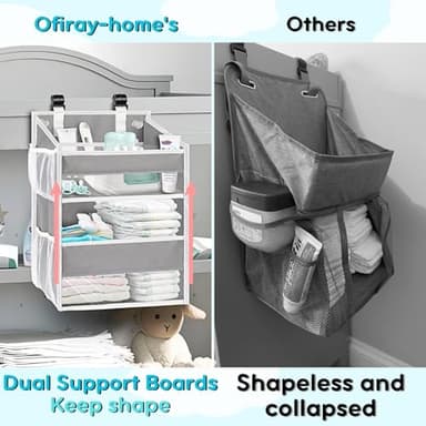 Ofiray-home Hanging Diaper Organizer for Changing Table,Cribs,Car,Playard or Wall & Nursery Organization-Durable 2-Tier Diaper Organizer with Mesh Pockets and Viewable Design, Won't Deform, Light Gray - Image 3