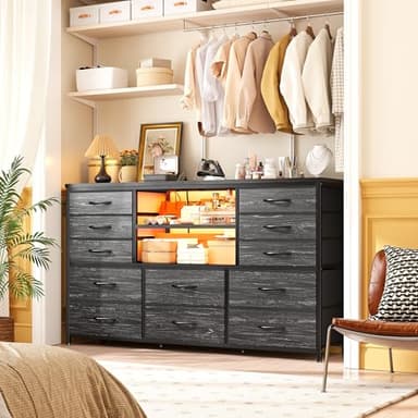 EnHomee Black Dresser with LED Lights & Power Outlets, 12 Drawers Dresser TV Stand for 60'' TV Stand for Bedroom Fabric Dressers & Chest of Drawers, Sturdy Metal Frame, Living Room,Hallway - Image 3