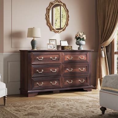 WLIVE Wood Dresser for Bedroom with 6 Drawer, 51.97'' Wide, Farmhouse Long Storage Dresser Organizer with Roman Metal Handle, TV Stand for 60 inch TV, Chest of Drawers for Living Room, Hallway, Brown - Image 2