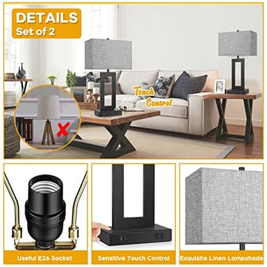 Set of 2 Modern Touch Control Table Lamps with 2 USB Ports, 22’’ Large Bedside Nightstand Lamps 3-Way Dimmable Desk Lamp with Grey Fabric Shade for Bedrooms Living Room Reading, 2 LED Bulbs Included - Image 5