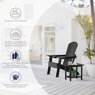 Plawdlik Folding Adirondack Chair, SGS Tested, Wooden Textured with Cup Holder, Heavy All-Weather HDPE Comfortable Set Poolside Backyard Lawn Black - Image 5