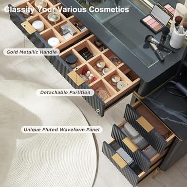 T4TREAM Fluted Makeup Vanity Desk with 36" HD Lighted Mirror, 48" Big Modern Vanity Desk with Mirror and Lights, Dressing Table with 5 Drawers & Shelves, Glass Top for Bedroom, Dark Grey - Image 4