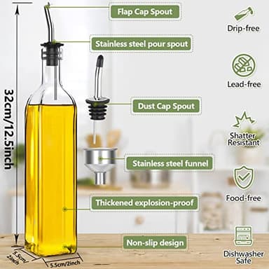 Leaflai 17oz Olive Oil Dispenser Bottle, 500ml Oil & Vinegar Cruet with 2 Stainless Steel Pourers, 2 Labels,1 Brush and 1 Funnel for Kitchen - Image 3