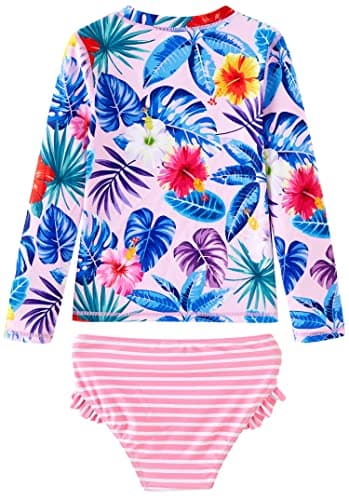 UMELOK Girls Rashguard Swimsuit Long Sleeve Bathing Suit Pink, Hibiscus 10 - Image 2