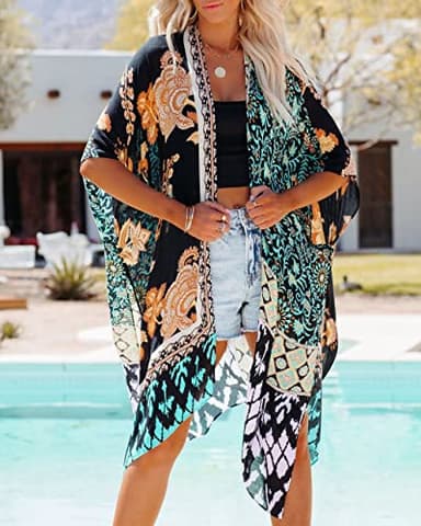 CHICGAL Swimsuit Coverup for Women Kaftan Pattern Beach Blouse Plus Size Summer Boho Kimonos(01-Orange Blue Multielement Puzzle,L) - Image 5
