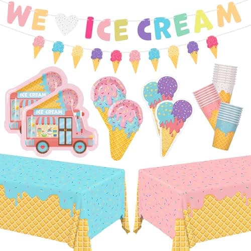 Ice Cream Party Supplies Kit for 24: Ultimate Bundle with Vibrant Paper Plates, Napkins, Cups, Tablecloth & Banner - Ice Cream Birthday Party Decorations - Image 1