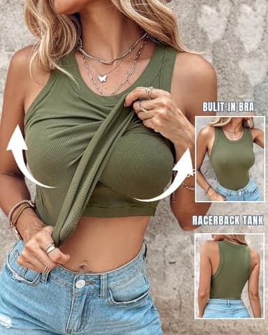 CHICME Tank Tops with Built in Bras Athletic Tank Tops Ribbed Tank Top Running Tops Army Green-L - Image 2