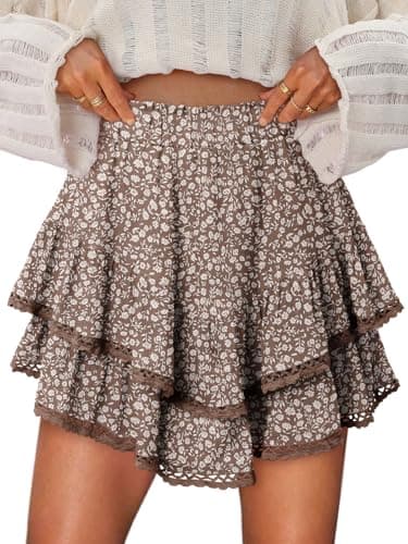 onlypuff Flowy Shorts for Women Ruffle Skorts Cute Mini Skirts Country Concert Outfits Coastal Cowgirl Coachella Outfits Tennis Skort Floral Brown XL - Image 1