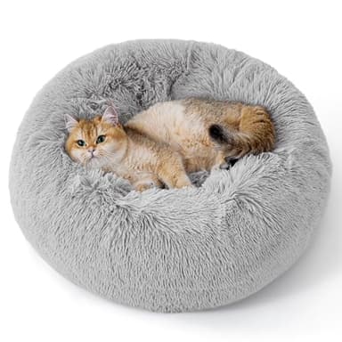Bedsure Calming Cat Beds for Indoor Cats - Small Cat Bed Washable 20 inches, Anti-Slip Round Fluffy Plush Faux Fur Pet Bed, Fits up to 15 lbs Pets, Pale Grey - Image 1