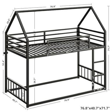 LIKIMIO Bunk Bed Twin Over Twin, House Bunk Bed Frame with Ladder and Guardrail, House Shaped with Metal Slats for Dormitory and Bedroom, Space Saving, No Box Spring Needed, Black - Image 2