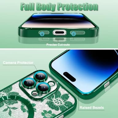 Illians Phone Cover Case Fit for iPhone 14 Pro Max Green | Compatible with MagSafe, Glitter Case, with Camera Protector, 2 Pieces of Flowers Floral Design, Soft, Shockproof, Anti-Scratch, for Women - Image 4