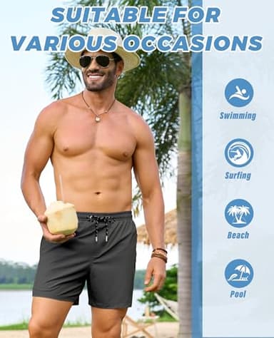 Alimens & Gentle Mens 5" Swim Trunks with Zipper Pocket 2 in 1 Swim Shorts with Compression Liner Solid Quick Dry Beach Shorts Dark Grey - Image 2