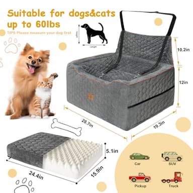 Dog Car Seat for Medium/Large Dog Booster Seat Under 60 lbs or 2 Small Dogs, Multi-Functional Pet Car Seat with Thick Cushion, 2 Safety Leashes (Gray) - Image 2