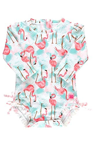 RuffleButts Baby Girls UPF 50+ Sun Protection Tropical Print Long Sleeve One Piece Rash Guard Swimsuit with Zipper - Vibrant Flamingo, 2T - Image 1