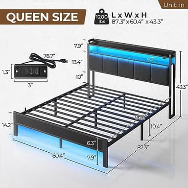 Rolanstar Queen Bed Frame with LED Lights, Upholstered Headboard, Charging Station, Storage Shelves, Heavy Duty Metal Slats, No Box Spring Needed, Noise Free, Easy Assembly, Dark Grey - Image 2