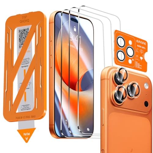 QHOHQ [1-Second Auto-Install] 3 Pack Screen Protector for iPhone 17 Pro Max [6.9 Inch] + 1 Set Camera Lens Protector, 9H+ Shatterproof Tempered Glass, [12FT Military Grade Protection], Case Friendly - Image 1