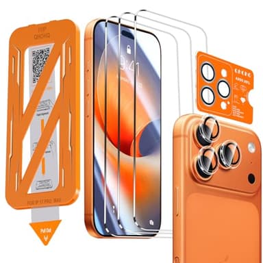 QHOHQ [1-Second Auto-Install] 3 Pack Screen Protector for iPhone 17 Pro Max [6.9 Inch] + 1 Set Camera Lens Protector, 9H+ Shatterproof Tempered Glass, [12FT Military Grade Protection], Case Friendly - Image 1
