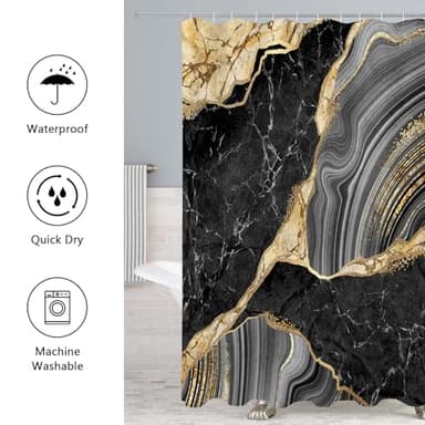 Gibelle 4 Pcs Marble Shower Curtain Set with Non-Slip Rugs, Toilet Lid Cover and Bath Mat, Luxury Black Grey Bathroom Decor Set with Shower Curtain and Rugs and Accessories - Image 5